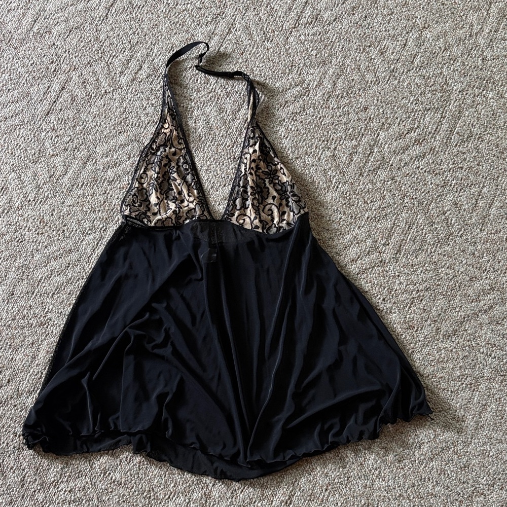 Black Halter Lace-Detail Babydoll Nightdress by Pamela Anderson